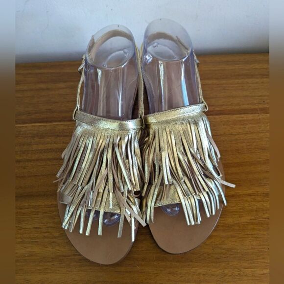 J. Crew Gold Leather Fringe Sandal 9 Festival Resort Boho Preppy Euro Summer - Picture 4 of 11